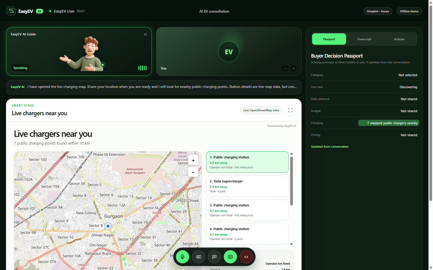 EasyEV charging map view with nearby charging stations